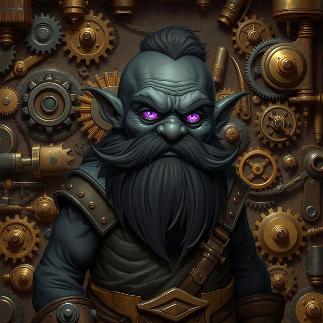 A dark grey-skinned dwarf D&D character with a distinctive beard resembling whiskers and glowing purple eyes