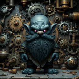 A dark grey-skinned dwarf D&D character with a distinctive beard resembling whiskers and glowing purple eyes