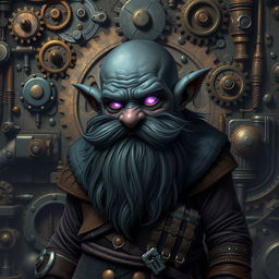 A dark grey-skinned dwarf D&D character with a distinctive beard resembling whiskers and glowing purple eyes