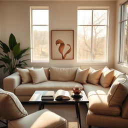 A serene and inviting therapy room designed for psychological counseling, featuring a soft, comfortable sofa surrounded by warm, natural lighting filtering through large windows