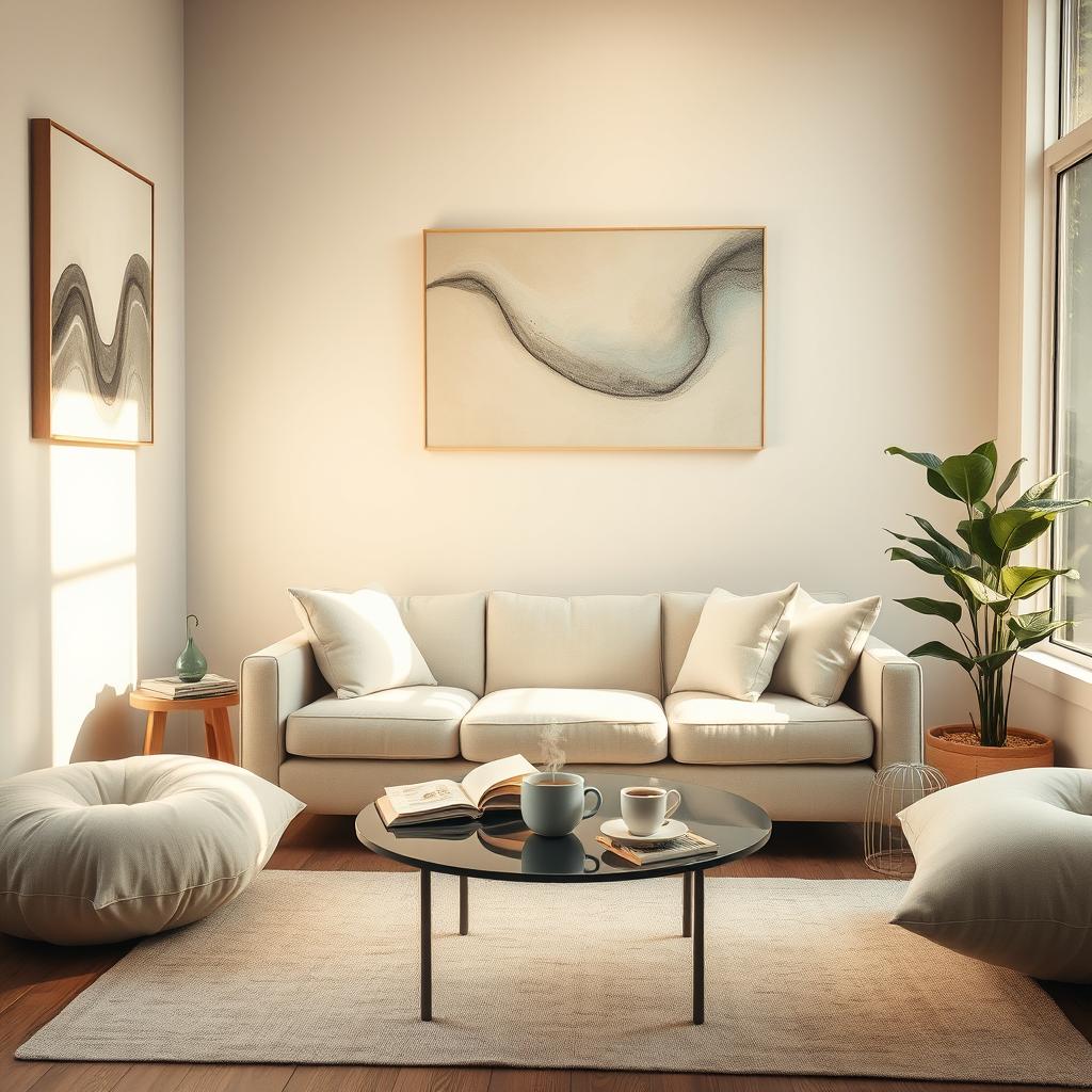 A serene and inviting therapy room designed for psychological counseling, featuring a soft, comfortable sofa surrounded by warm, natural lighting filtering through large windows