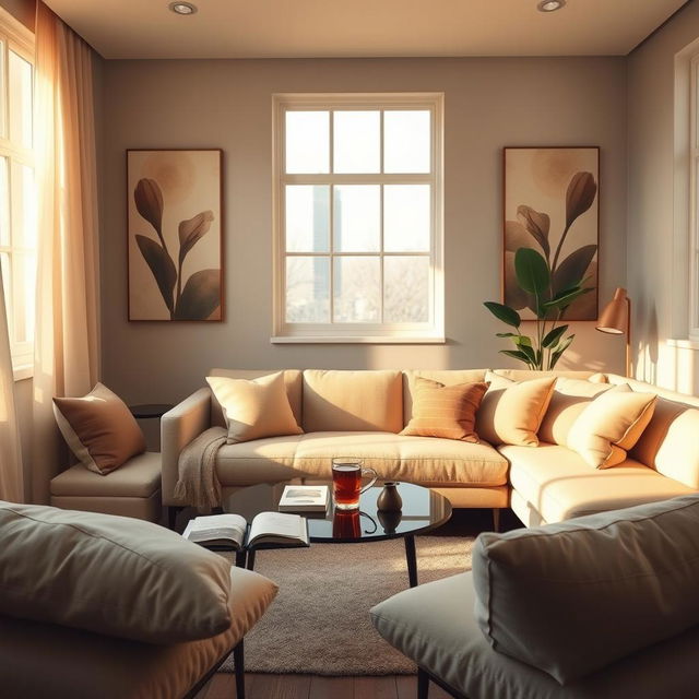 A serene and inviting therapy room designed for psychological counseling, featuring a soft, comfortable sofa surrounded by warm, natural lighting filtering through large windows