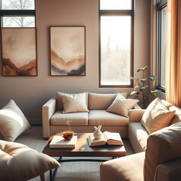 A serene and inviting therapy room designed for psychological counseling, featuring a soft, comfortable sofa surrounded by warm, natural lighting filtering through large windows