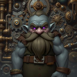 A stout and proud dark grey-skinned dwarf D&D character with a distinctive beard resembling whiskers and glowing purple eyes