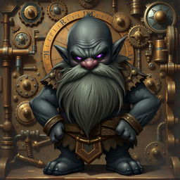 A stout and proud dark grey-skinned dwarf D&D character with a distinctive beard resembling whiskers and glowing purple eyes