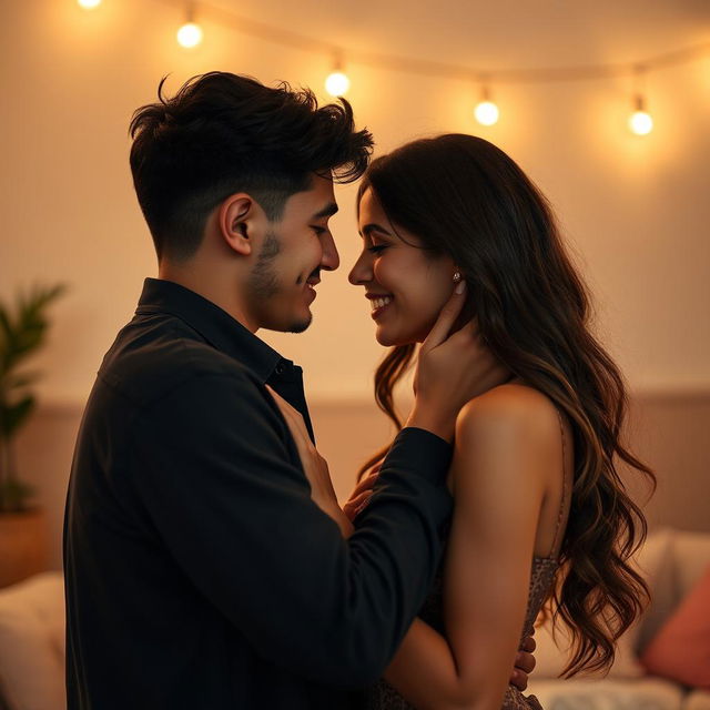 A romantic and passionate scene featuring a young couple in a tastefully intimate moment, showcasing their chemistry and attraction