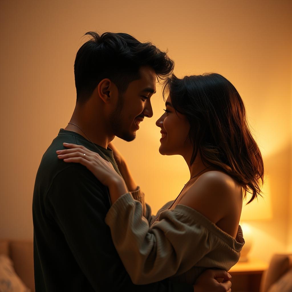 A romantic and passionate scene featuring a young couple in a tastefully intimate moment, showcasing their chemistry and attraction