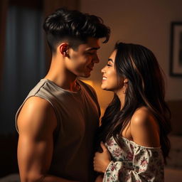 A romantic and passionate scene featuring a young couple in a tastefully intimate moment, showcasing their chemistry and attraction