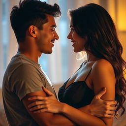 A romantic and passionate scene featuring a young couple in a tastefully intimate moment, showcasing their chemistry and attraction
