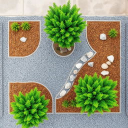 Top-down view of a rectangular garden design featuring grey gravel pathways, sections with pine bark mulch, and decorative stones arranged artistically