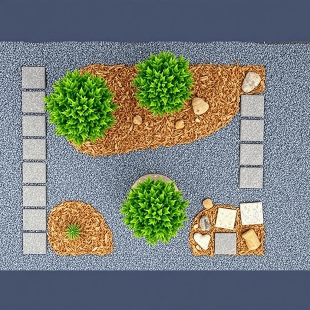 Top-down view of a rectangular garden design featuring grey gravel pathways, sections with pine bark mulch, and decorative stones arranged artistically