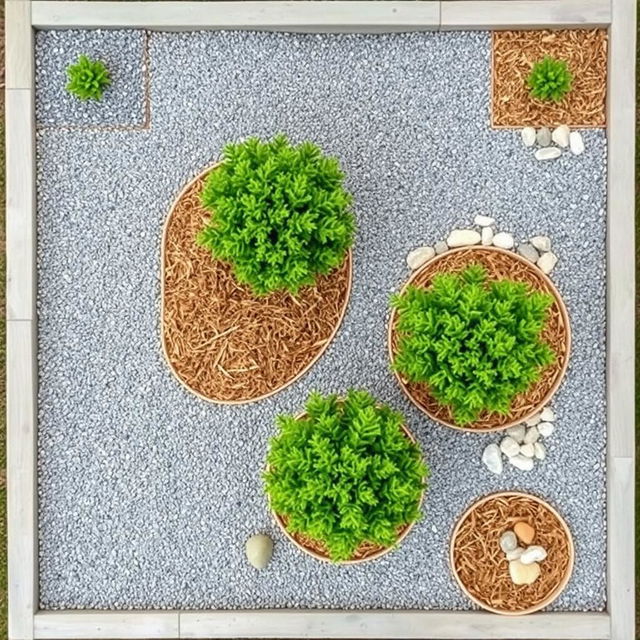 Top-down view of a rectangular garden design featuring grey gravel pathways, sections with pine bark mulch, and decorative stones arranged artistically