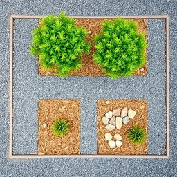 Top-down view of a rectangular garden design featuring grey gravel pathways, sections with pine bark mulch, and decorative stones arranged artistically