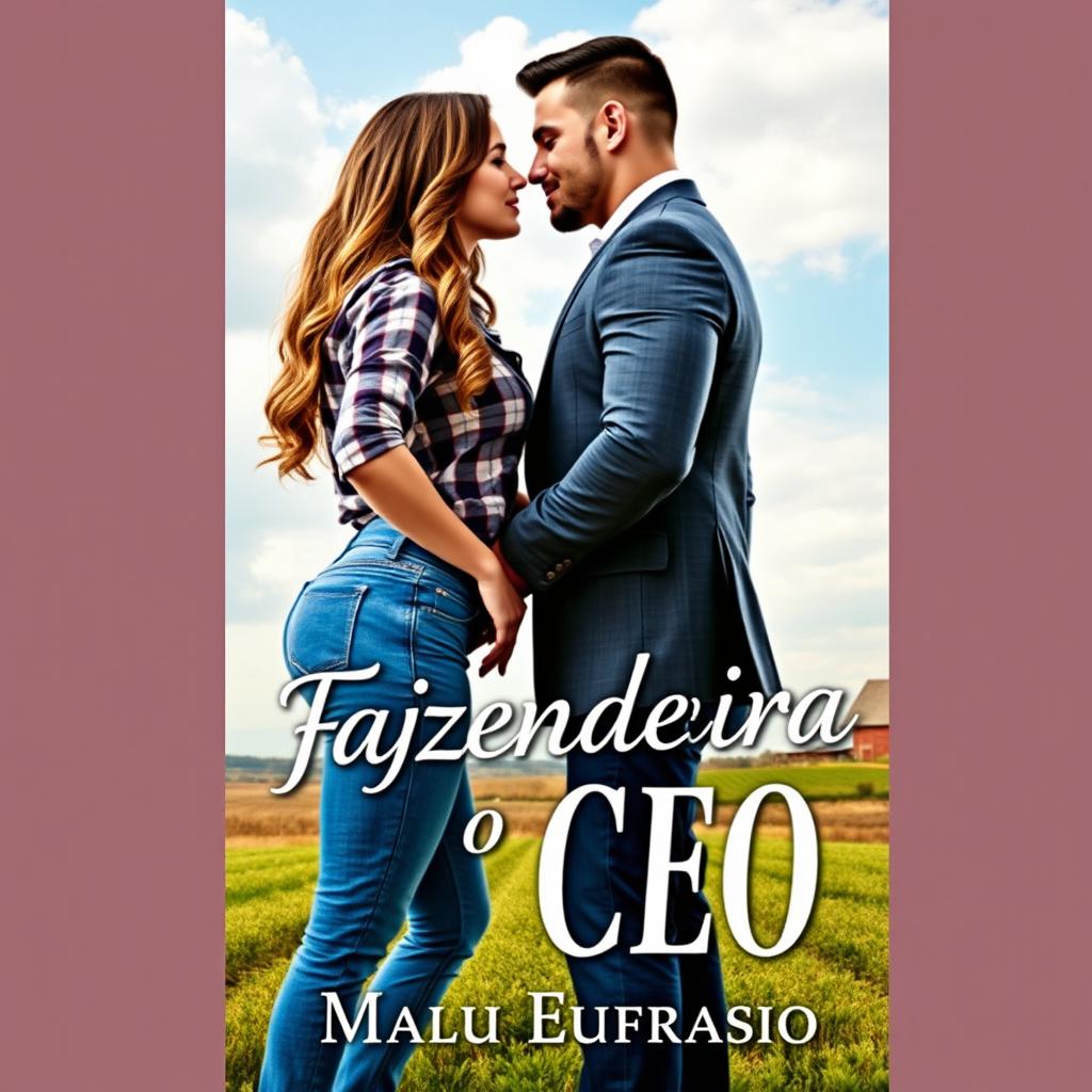 A romantic book cover titled 'A Fazendeira e o CEO', featuring a stunning 18-year-old woman with long, wavy hair that cascades past her waist and a voluptuous figure