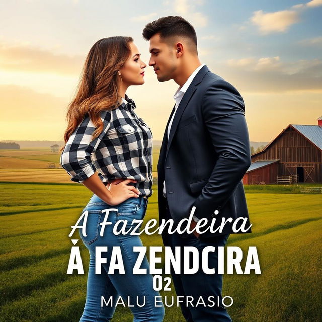 A romantic book cover titled 'A Fazendeira e o CEO', featuring a stunning 18-year-old woman with long, wavy hair that cascades past her waist and a voluptuous figure