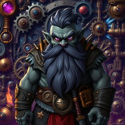 A stout and proud dark grey-skinned dwarf warrior mage D&D character with a distinctive beard resembling whiskers and glowing purple eyes