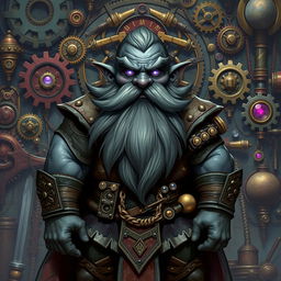 A stout and proud dark grey-skinned dwarf warrior mage D&D character with a distinctive beard resembling whiskers and glowing purple eyes