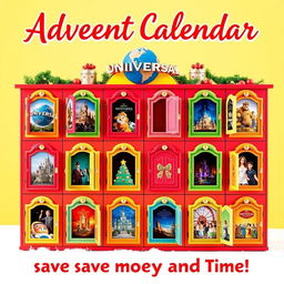 A captivating Instagram post featuring an advent calendar specifically designed for Universal Studios Theme Park, highlighting tips and tricks to save money and time