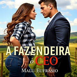 A romantic book cover titled 'A Fazendeira e o CEO', featuring a stunning 18-year-old woman with long, wavy hair cascading past her waist and a curvy figure