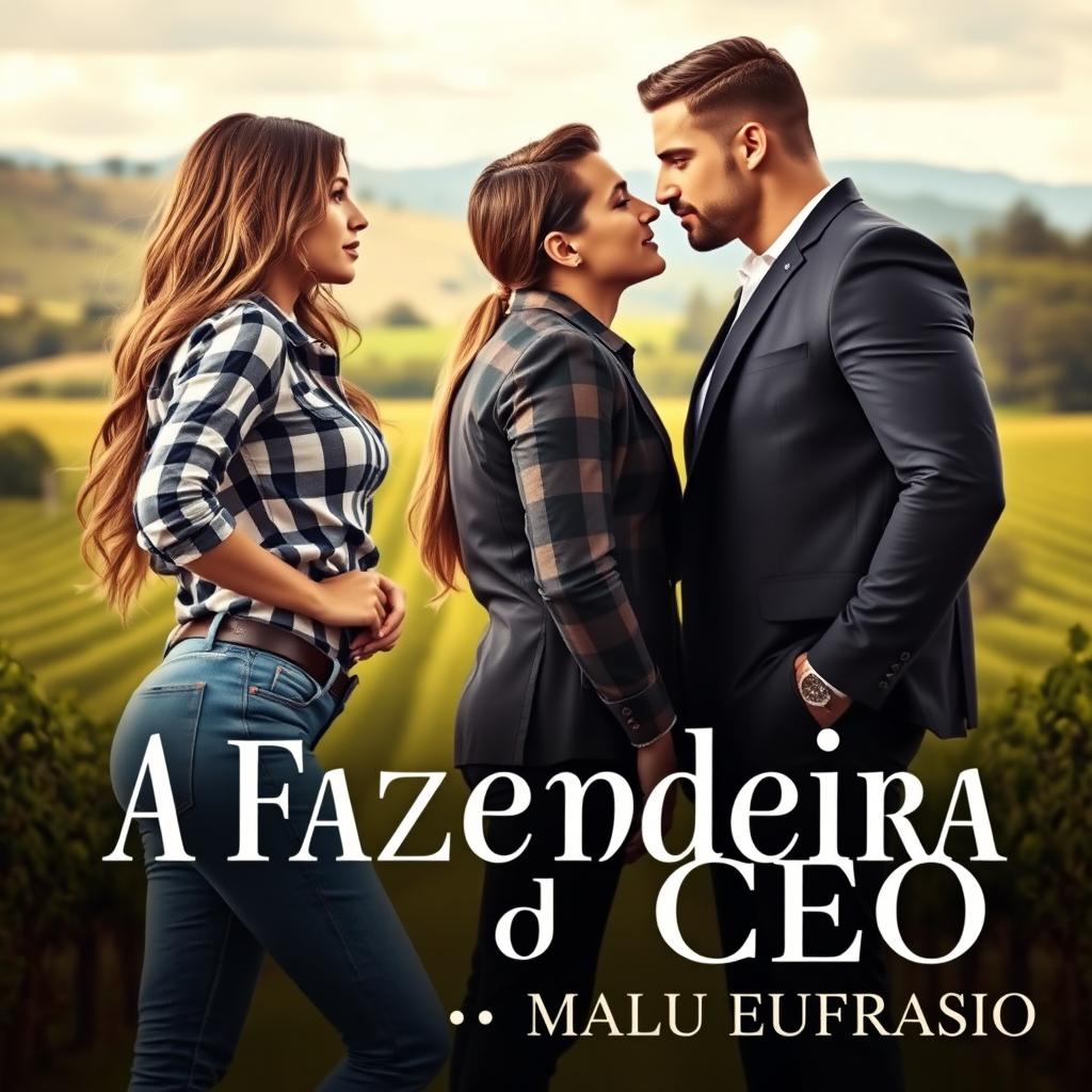 A romantic book cover titled 'A Fazendeira e o CEO', featuring a stunning 18-year-old woman with long, wavy hair cascading past her waist and a curvy figure