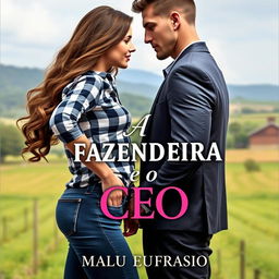 A romantic book cover titled 'A Fazendeira e o CEO', featuring a stunning 18-year-old woman with long, wavy hair cascading past her waist and a curvy figure