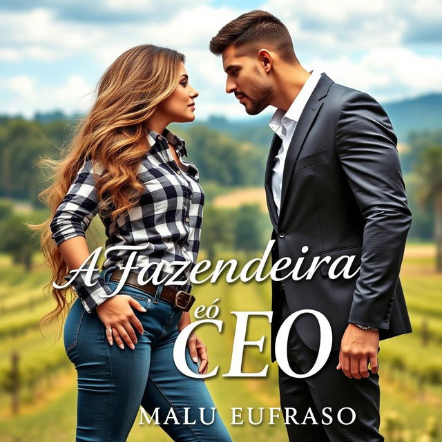 A romantic book cover titled 'A Fazendeira e o CEO', featuring a stunning 18-year-old woman with long, wavy hair cascading past her waist and a curvy figure