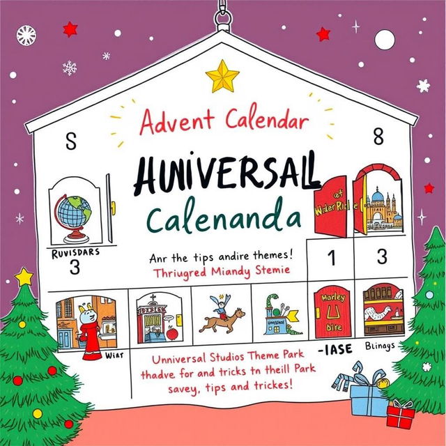 A charming Instagram post featuring a hand-drawn advent calendar for Universal Studios Theme Park, specifically highlighting the best tips and tricks to save money and time