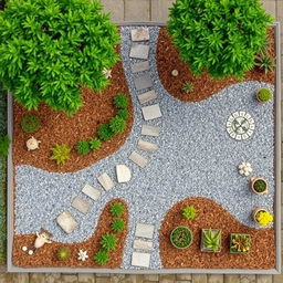 Top-down view of a rectangular garden design featuring grey and white gravel arranged in decorative patterns