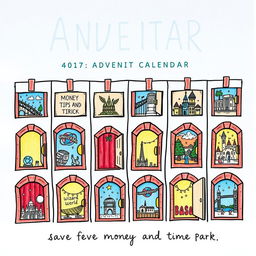 A charming Instagram post featuring a hand-drawn advent calendar for Universal Studios Theme Park, specifically highlighting the best tips and tricks to save money and time