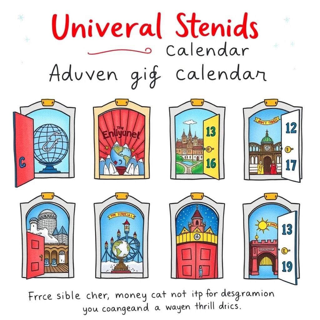 A charming Instagram post featuring a hand-drawn advent calendar for Universal Studios Theme Park, specifically highlighting the best tips and tricks to save money and time