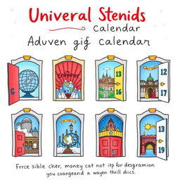 A charming Instagram post featuring a hand-drawn advent calendar for Universal Studios Theme Park, specifically highlighting the best tips and tricks to save money and time