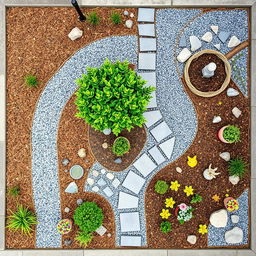 Top-down view of a rectangular garden design featuring grey and white gravel arranged in decorative patterns