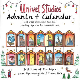A charming Instagram post featuring a hand-drawn advent calendar for Universal Studios Theme Park, specifically highlighting the best tips and tricks to save money and time
