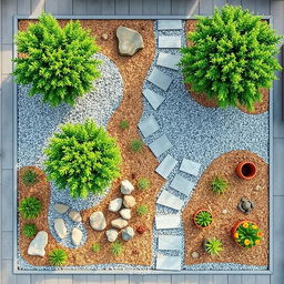 Top-down view of a rectangular garden design featuring grey and white gravel arranged in decorative patterns