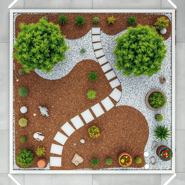 Top-down view of a rectangular garden design featuring grey and white gravel arranged in decorative patterns