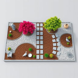 3D rendering of a rectangular garden design featuring decorative grey and white gravel arranged in intricate patterns