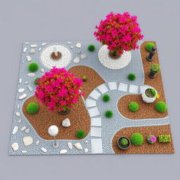 3D rendering of a rectangular garden design featuring decorative grey and white gravel arranged in intricate patterns