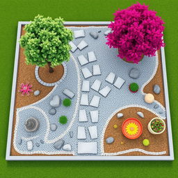3D rendering of a rectangular garden design featuring decorative grey and white gravel arranged in intricate patterns