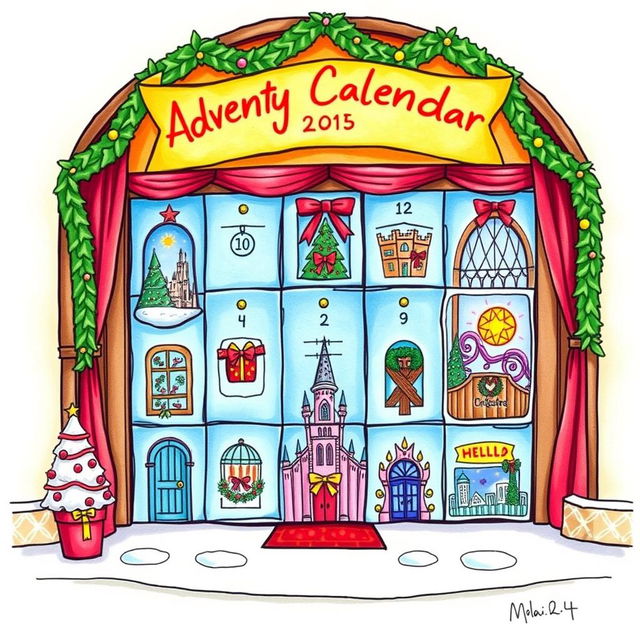 A whimsical drawing for an Instagram post featuring an advent calendar specifically for Universal Studios Theme Park, showcasing the best tips and tricks to save money and time