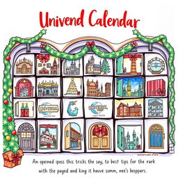 A whimsical drawing for an Instagram post featuring an advent calendar specifically for Universal Studios Theme Park, showcasing the best tips and tricks to save money and time