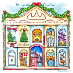 A whimsical drawing for an Instagram post featuring an advent calendar specifically for Universal Studios Theme Park, showcasing the best tips and tricks to save money and time