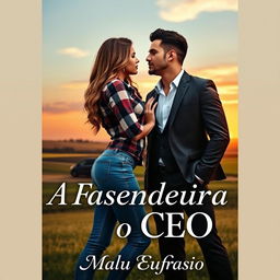 A romantic book cover titled "A Fazendeira e o CEO" featuring a stunning young woman who is 18 years old, with long wavy hair cascading down past her waist and a curvy figure