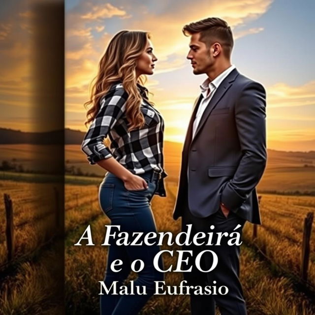 A romantic book cover titled "A Fazendeira e o CEO" featuring a stunning young woman who is 18 years old, with long wavy hair cascading down past her waist and a curvy figure