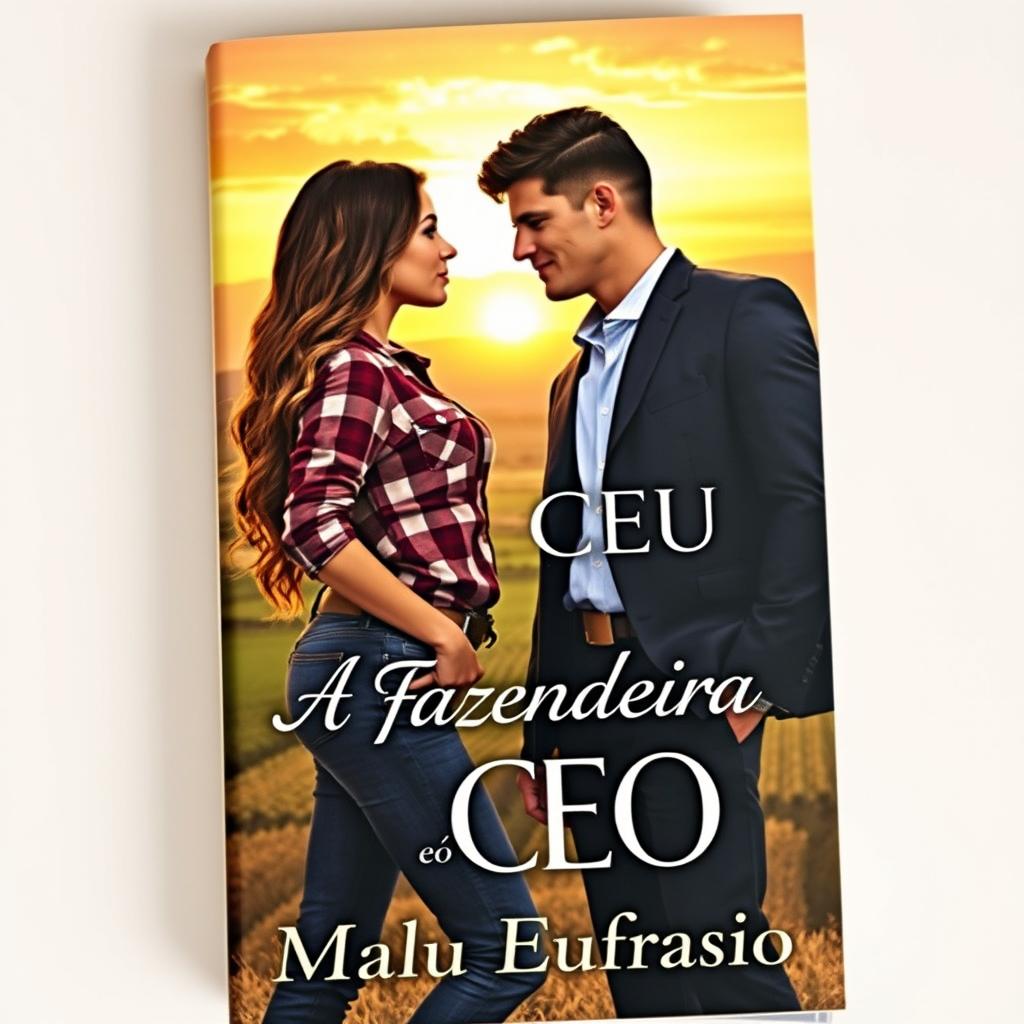 A romantic book cover titled "A Fazendeira e o CEO" featuring a stunning young woman who is 18 years old, with long wavy hair cascading down past her waist and a curvy figure