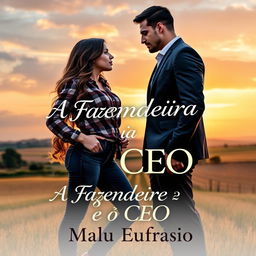 A romantic book cover titled "A Fazendeira e o CEO" featuring a stunning young woman who is 18 years old, with long wavy hair cascading down past her waist and a curvy figure