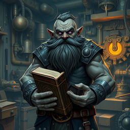 A stout and proud dark grey-skinned dwarf warrior mage D&D character with a distinctive beard resembling whiskers and glowing purple eyes
