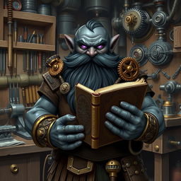 A stout and proud dark grey-skinned dwarf warrior mage D&D character with a distinctive beard resembling whiskers and glowing purple eyes