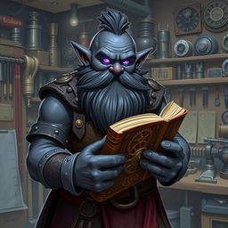 A stout and proud dark grey-skinned dwarf warrior mage D&D character with a distinctive beard resembling whiskers and glowing purple eyes
