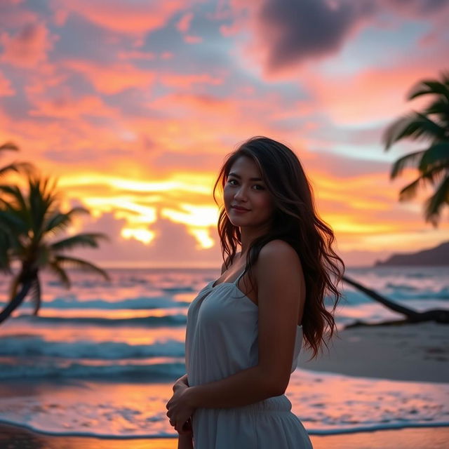 A beautiful 18-year-old woman standing on the beach with a romantic demeanor, surrounded by lush coconut trees on both sides