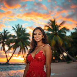 A beautiful 18-year-old woman standing on the beach with a romantic demeanor, surrounded by lush coconut trees on both sides